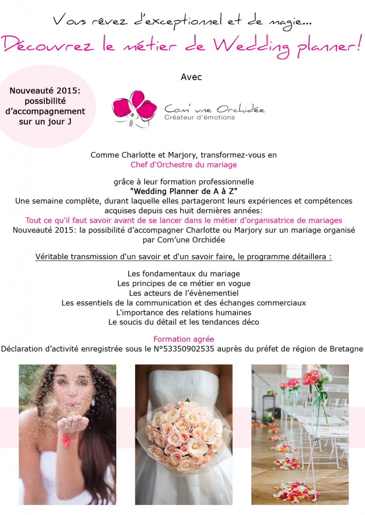 Session de formation Wedding planner de A à Z en mars, avril et mai 2015